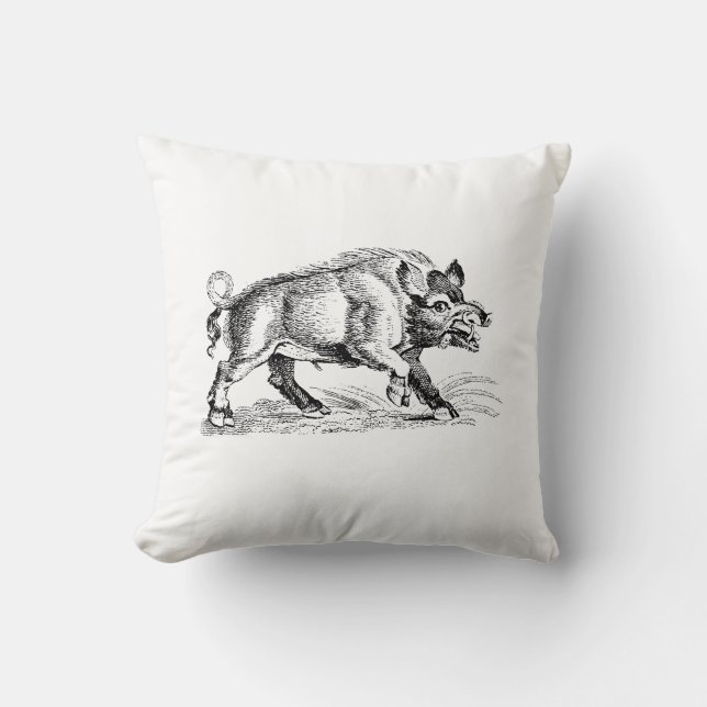 Vintage Wild Boar Drawing BW #2 Cushion (Front)