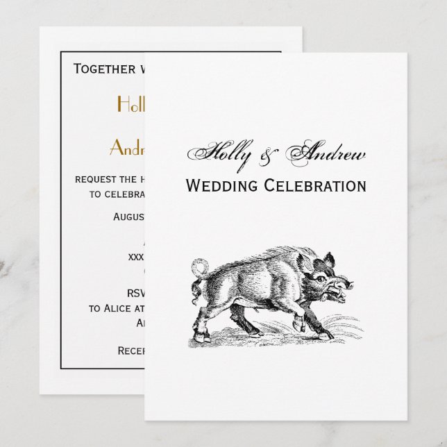 Vintage Wild Boar Drawing BW #2 Invitation (Front/Back)