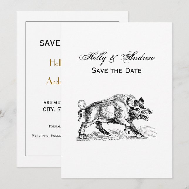Vintage Wild Boar Drawing BW #2 Invitation (Front/Back)