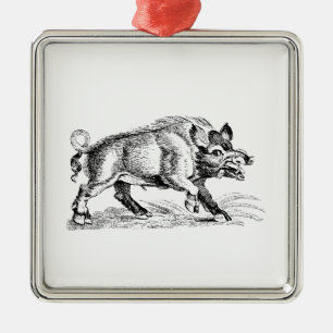 Vintage Wild Boar Drawing BW #2 Metal Tree Decoration