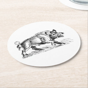 Vintage Wild Boar Drawing BW #2 Round Paper Coaster