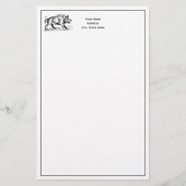 Vintage Wild Boar Drawing BW #2 Stationery (Front)