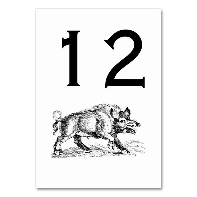 Vintage Wild Boar Drawing BW #2 Table Number (Front)