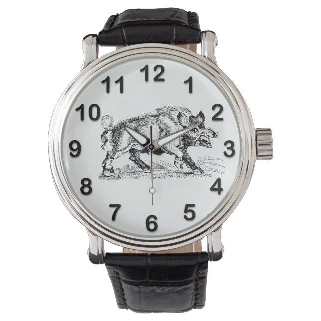 Vintage Wild Boar Drawing BW #2 Watch (Front)