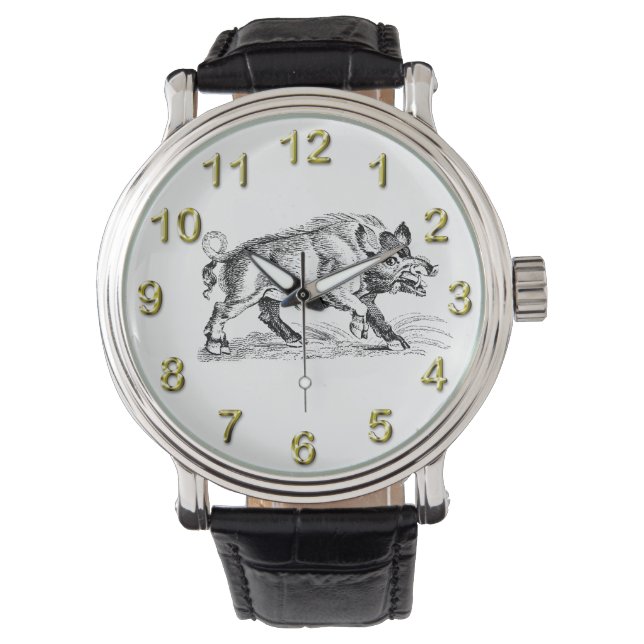 Vintage Wild Boar Drawing BW #2 Watch (Front)