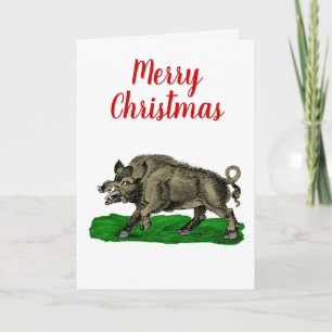 Vintage Wild Boar Drawing BW #3C Christmas Card