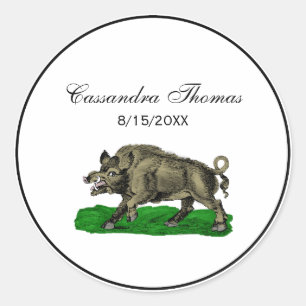 Vintage Wild Boar Drawing BW #3C Classic Round Sticker