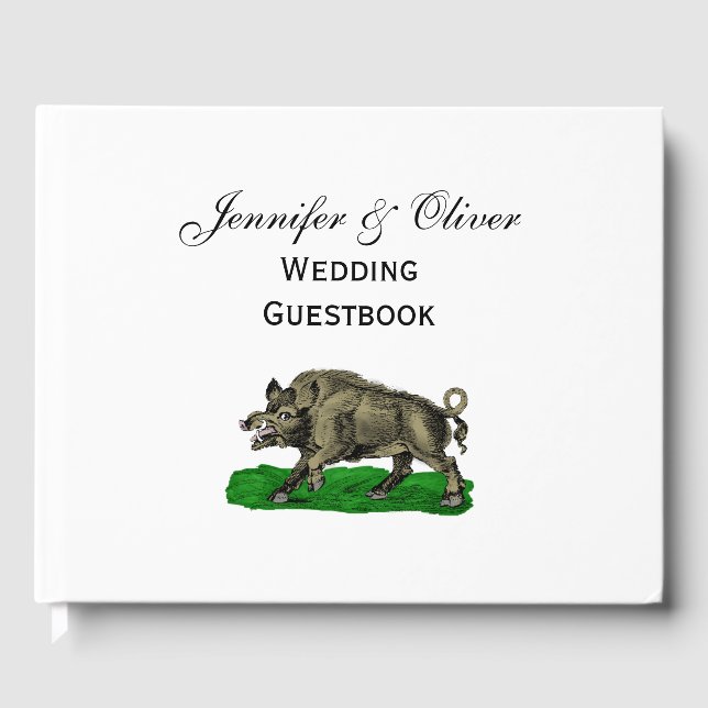 Vintage Wild Boar Drawing BW #3C Guest Book (Front)