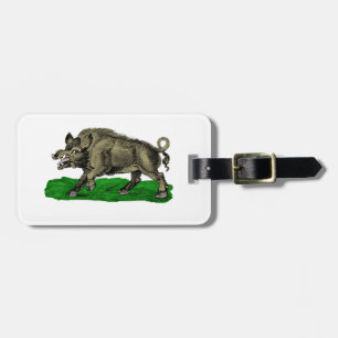 Vintage Wild Boar Drawing BW #3C Luggage Tag
