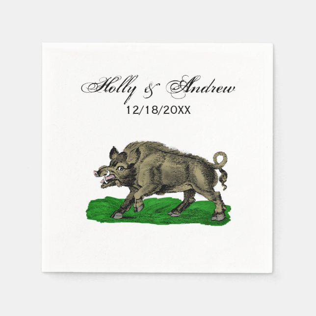 Vintage Wild Boar Drawing BW #3C Napkin (Front)