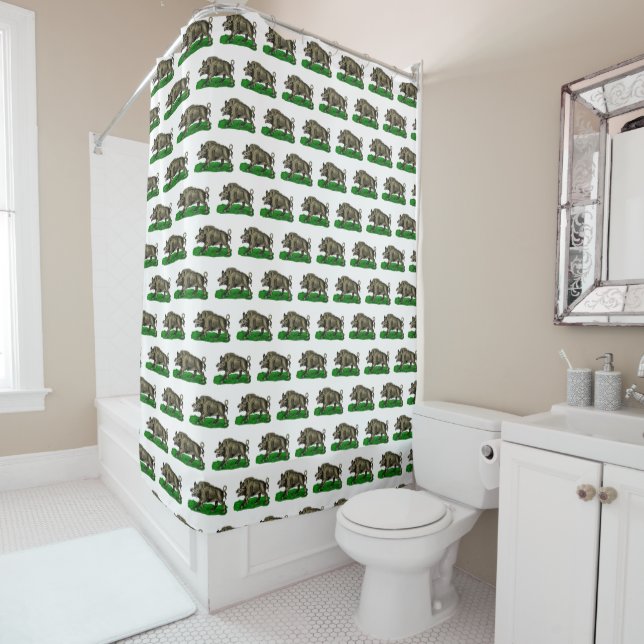 Vintage Wild Boar Drawing BW #3C Shower Curtain (In Situ)