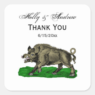 Vintage Wild Boar Drawing BW #3C Square Sticker