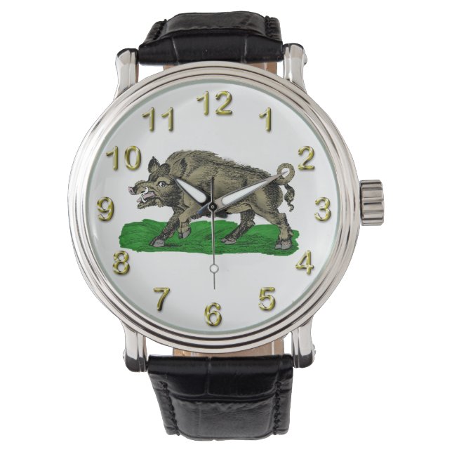 Vintage Wild Boar Drawing BW #3C Watch (Front)