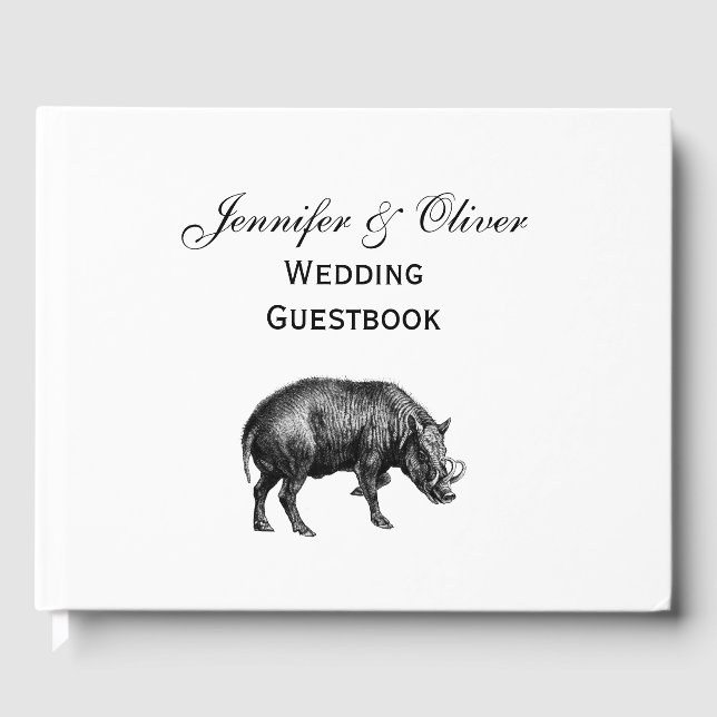 Vintage Wild Boar Drawing BW Guest Book (Front)