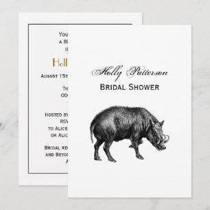 Vintage Wild Boar Drawing BW Invitation
