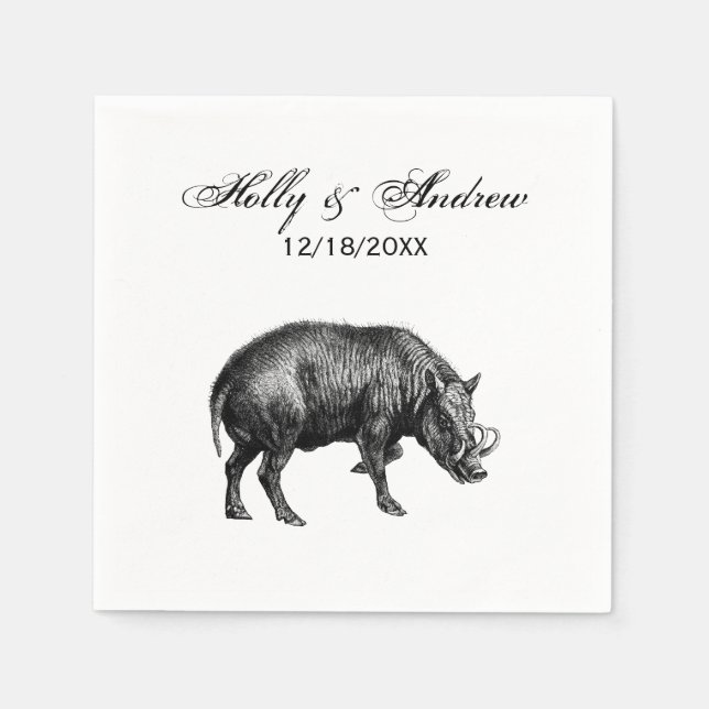 Vintage Wild Boar Drawing BW Napkin (Front)