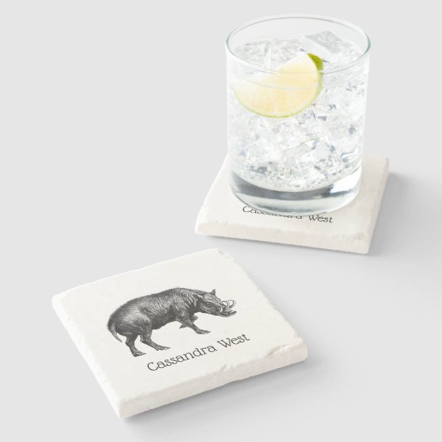 Vintage Wild Boar Drawing BW Stone Coaster (Side)