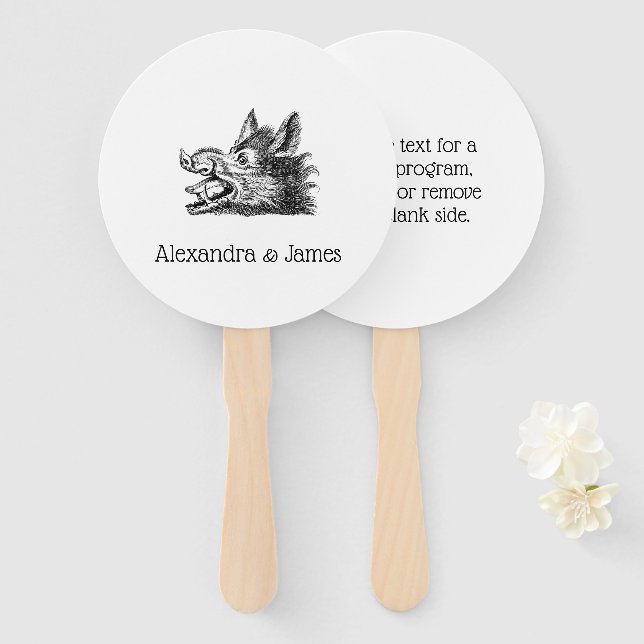 Vintage Wild Boar Head Drawing BW Hand Fan (Front and Back)