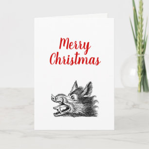 Vintage Wild Boar Head Drawing BW Holiday Card