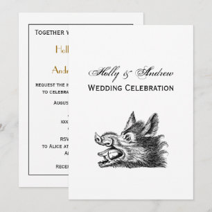 Vintage Wild Boar Head Drawing BW Invitation