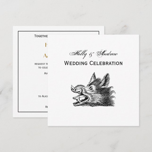 Vintage Wild Boar Head Drawing BW Invitation (Front/Back)
