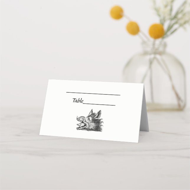 Vintage Wild Boar Head Drawing BW Place Card (Front)