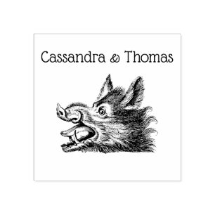 Vintage Wild Boar Head Drawing BW Rubber Stamp
