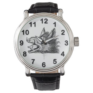 Vintage Wild Boar Head Drawing BW Watch