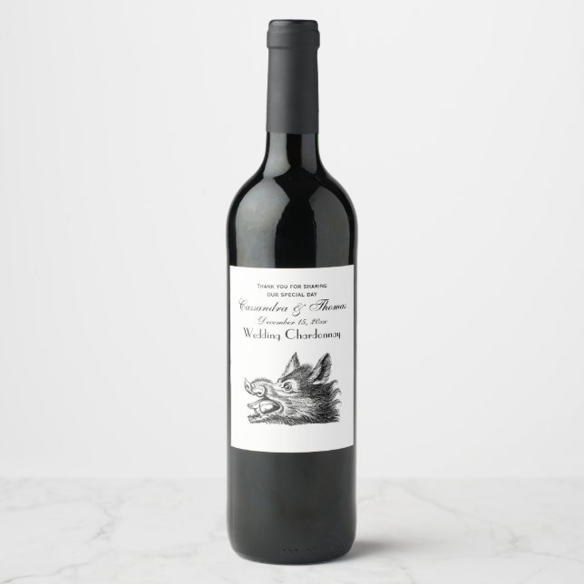 Vintage Wild Boar Head Drawing BW Wine Label (Front)