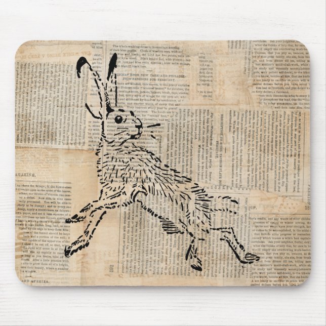 Vintage Wild Rabbit with Newspaper Background Mouse Pad (Front)