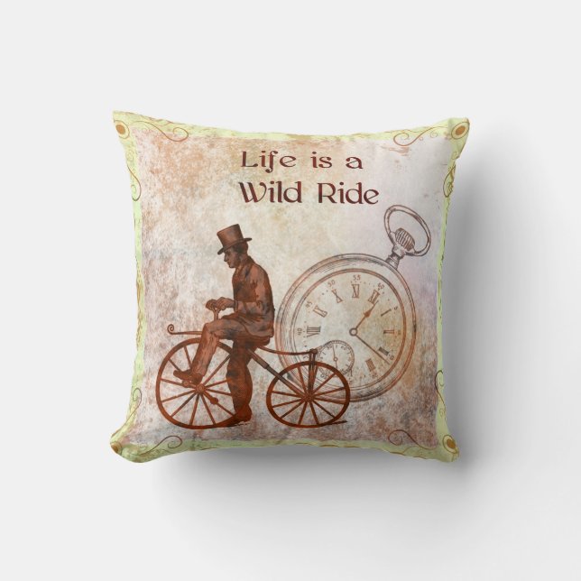 Vintage Wild Ride Steampunk Bicycle Collage Cushion (Front)