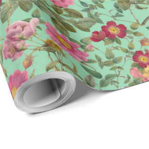 Vintage Wild Rose Floral Gift Paper on Mint Green
