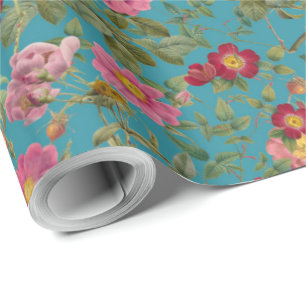 Vintage Wild Rose Wrapping Paper in Lagoon Blue