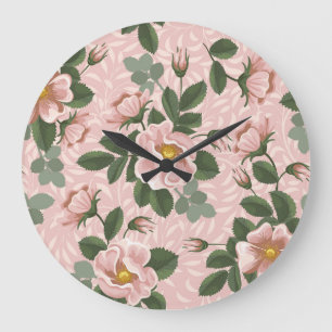 Vintage Wild Roses: Floral Background Large Clock
