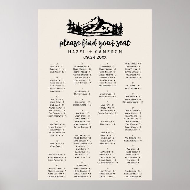Vintage Wilderness Alphabetical Seating Chart (Front)