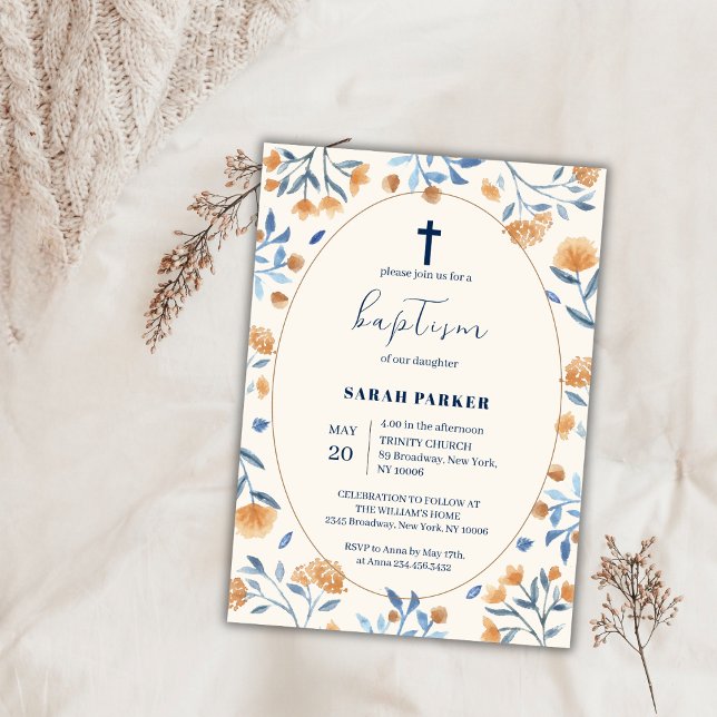 Vintage Wildflower Boho Frame Cross Baptism  Invitation (Vintage Wildflower Boho Frame Cross Baptism Invitation)