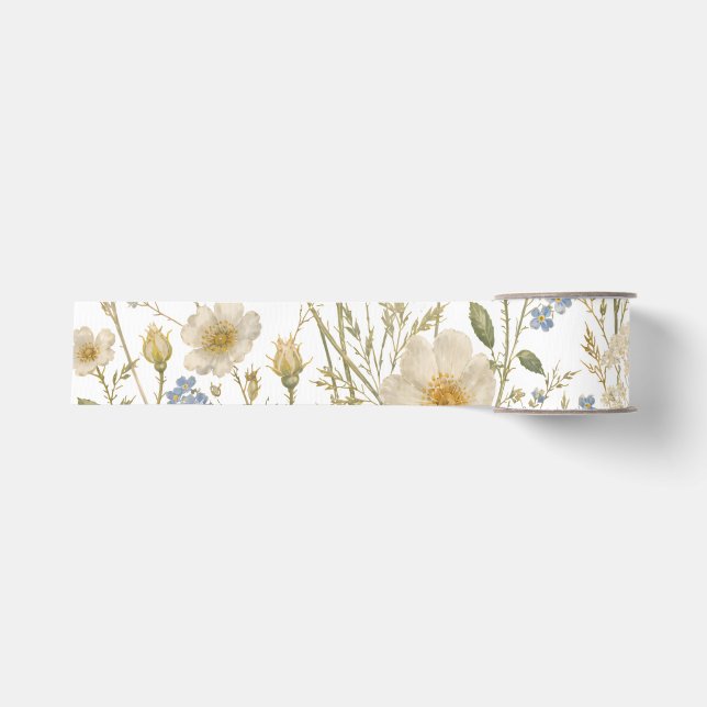 Vintage Wildflower Botanical Pattern Grosgrain Ribbon (Front)