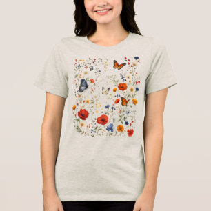 Vintage Wildflower Butterfly Floral Design Tri-Blend Shirt