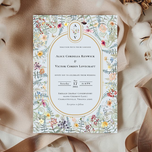 Vintage Wildflower Dusty Blue Wedding Monogram Invitation (Creator Uploaded)