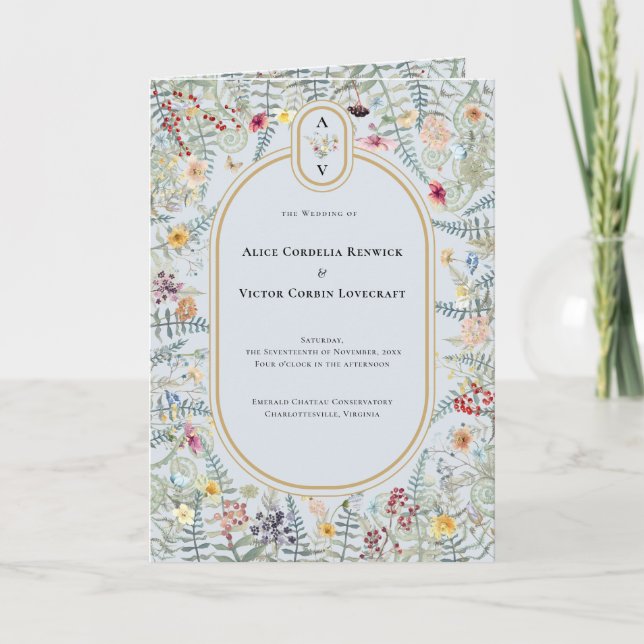Vintage Wildflower Dusty Blue Wedding Monogram Programme (Front)