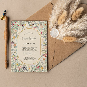Vintage Wildflower Fern Beige Bridal Shower Invitation