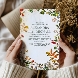Vintage Wildflower Fern Beige Wedding Invitation