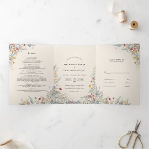 Vintage Wildflower Fern Beige Wedding Monogram Tri-Fold Invitation