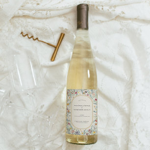 Vintage Wildflower Fern Beige Wedding Wine Label