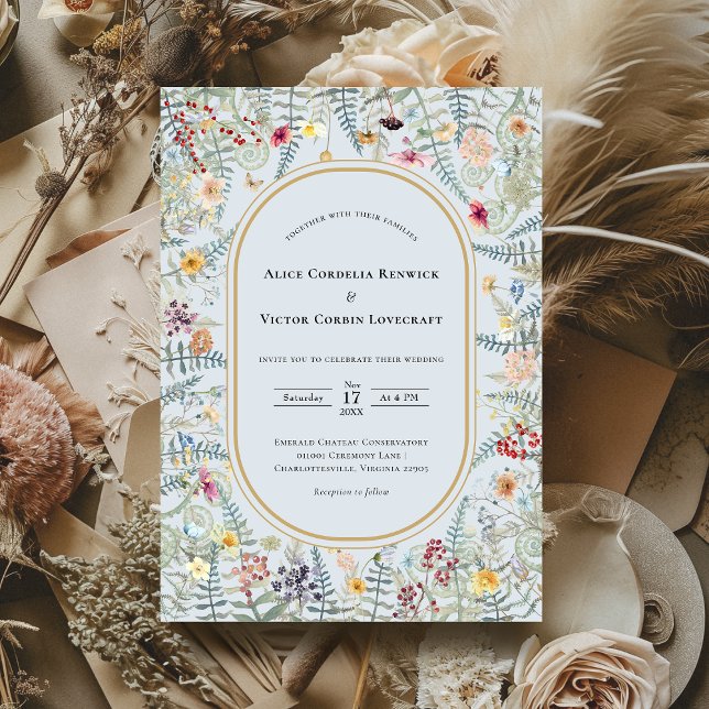 Vintage Wildflower Fern Dusty Blue Wedding Invitation (Creator Uploaded)