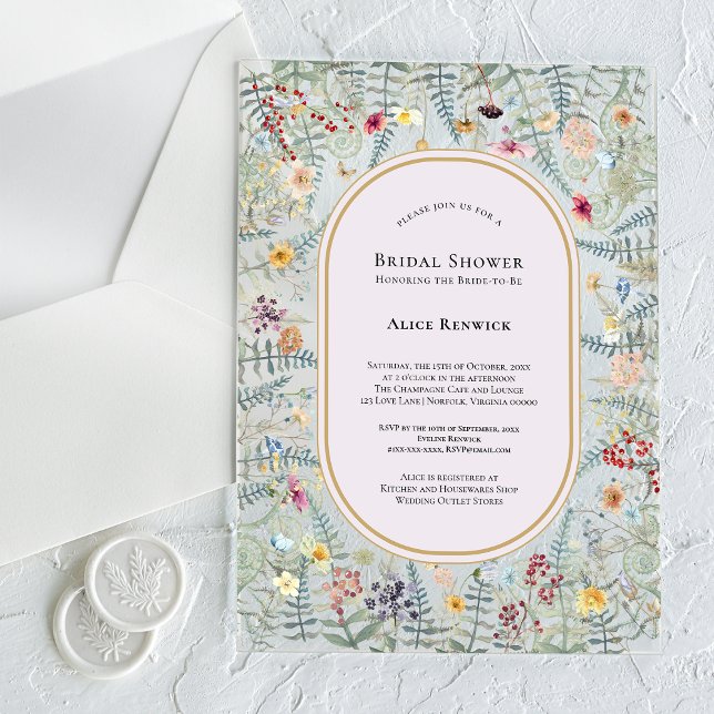 Vintage Wildflower Fern Lavender Bridal Shower Acrylic Invitations (Creator Uploaded)