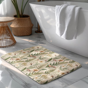 Vintage Wildflower Fern Pattern Peach Green Bath Mat