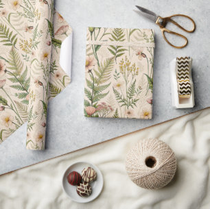 Vintage Wildflower Fern Pattern Peach Green Wrapping Paper