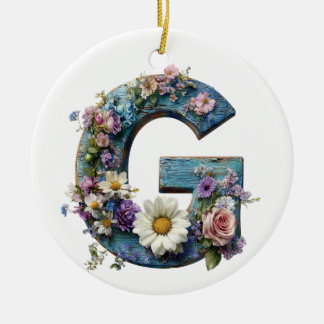 Vintage Wildflower Letter G Rustic Floral Ceramic Tree Decoration