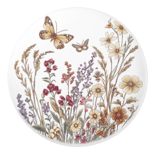 Vintage Wildflower Meadow with Butterflies Ceramic Knob (Front)